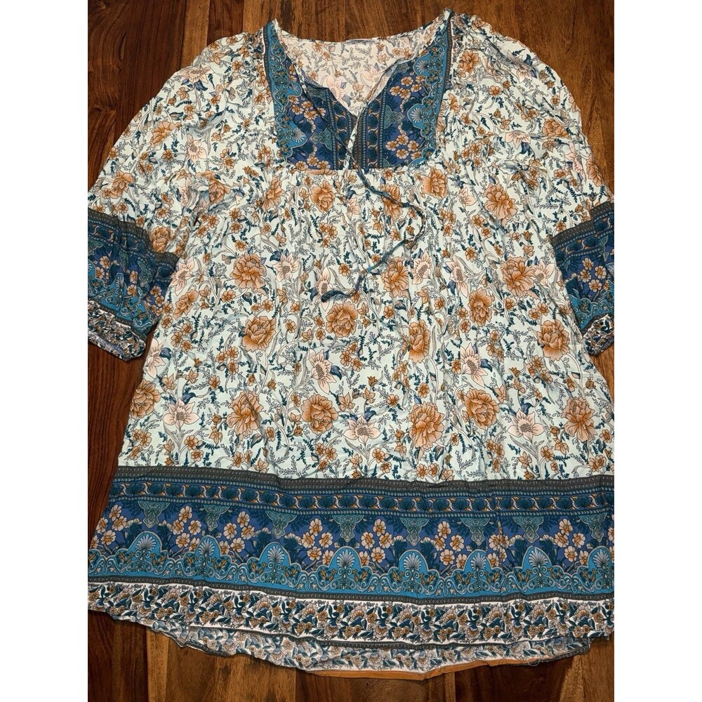 Bluetime XXXL tunic Floral Print Blue Orange boho Style Flowy Hippie Peasant top